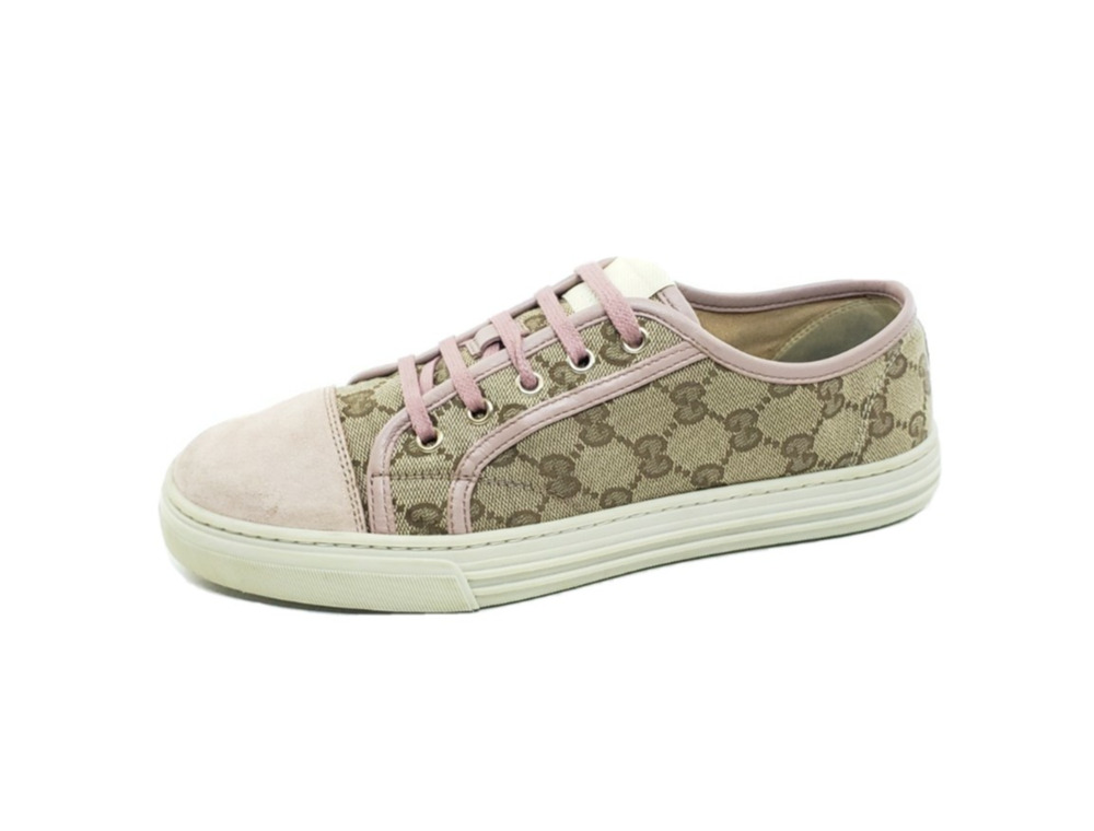 Gucci GG Canvas Low Top Sneakers Pink Suede Lace Up Womens EU 39 US 9